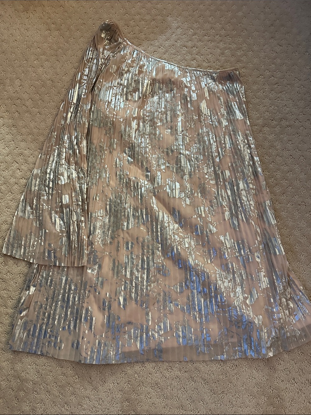 H & M Metallic Silver-Accent Pink Pleated A-Line Dress.  One sleeve.  Size S